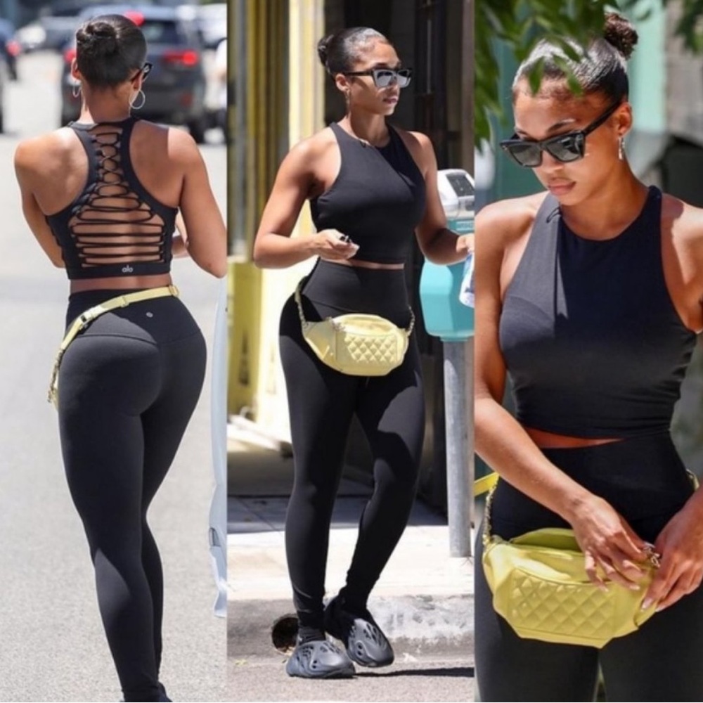 Alo Yoga Movement Strappy Back High Neck Crop Sport Bra Black Sz XS Lori‎ Harvey